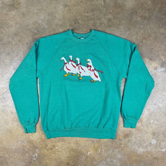 Vintage Jerzees Duck Print Sweatshirt XL Green Cottagecore Animal Graphic USA - Picture 1 of 9